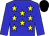 Blue, yellow stars, blue sleeves, black cap