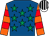 Royal blue, emerald green stars, orange and red hooped sleeves, white and black striped cap