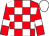 red and white checked, white armbands on red sleeves, white cap