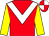 Red, white chevron, yellow sleeves, red and white quartered cap
