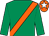 Emerald green, orange sash, orange cap, white star