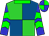 Lime green and royal blue quartered,green collar,blue sleeves,green chevrons,blue and green quartered cap