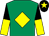 Emerald green, yellow diamond, yellow & black halved sleeves, black cap, yellow star