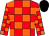 Red body, orange checked, red arms, orange checked, black cap