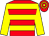 Red body, yellow hooped, yellow arms, red cap, yellow hooped