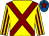 Yellow, maroon cross sashes, striped sleeves, royal blue cap, maroon star