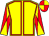 Yellow, red seams, diabolo on sleeves, quartered cap