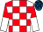 White and red check, red and white halved sleeves, royal blue and dark blue check cap