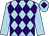 Light blue and purple diamonds, light blue sleeves, light blue cap, purple diamond
