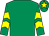 Emerald green, yellow chevrons on sleeves, yellow star on cap