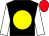 Black, yellow disc, white sleeves, red cap