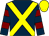 Dark blue, yellow cross belts, dark blue and maroon hooped sleeves, yellow cap