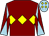 Maroon, yellow triple diamond, maroon and light blue diabolo on sleeves, light blue cap, yellow diamonds