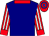 Navy, red collar, red and white stripes on sleeves, red cuffs, red cap, blue hoops