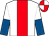 White, red stripe, white and royal blue halved sleeves, red and white quartered cap