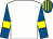 White, royal blue sleeves, yellow armlets, striped cap