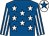 Royal blue, white stars, striped sleeves, white cap, royal blue star
