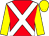 Red, white crossed sashes, yellow sleeves and cap