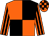 Orange and black quartered, striped sleeves, checked cap, orange peak