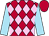 Scarlet and pale pink checked diamonds, sky blue sleeves, scarlet cap