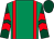 Emerald green, red braces, dark green and red chevrons on sleeves, dark green cap