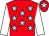 Red, light blue stars, white sleeves, red cap, light blue star