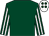 Dark green, white striped sleeves, white cap, dark green spots