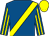 Royal blue, yellow sash, striped sleeves, yellow cap