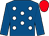 Royal blue, white spots, royal blue sleeves, red cap