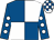 Royal blue and white (quartered), royal blue sleeves, white spots, white and royal blue check cap