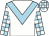 White, light blue chevron, light blue and white check sleeves, white and light blue check cap