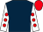 dark blue, red spots on white sleeves, red cap