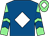 Royal blue, white diamond, light green and royal blue chevrons on sleeves, light green cap, white diamond