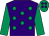 Purple, emerald green spots, emerald green sleeves, emerald green cap, purple spots