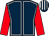 Dark blue, white seams, red sleeves, dark blue & white striped cap