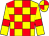 yellow, red checks, yellow sleeves, red armlets, quartered cap