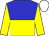blue and yellow halved horizontally, yellow sleeves, white cap