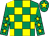 Emerald green and yellow check, emerald green sleeves, yellow stars, emerald green cap, yellow star
