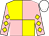 Yellow and pink (quartered), pink sleeves, yellow diamonds, yellow cap, pink stars
