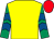 Yellow, emerald green sleeves, royal blue chevrons, red cap