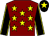 Maroon, yellow stars, black sleeves, yellow seams, black cap, yellow star