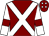 Maroon, white cross sashes, white sleeves, maroon armlet, maroon cap, white diamonds