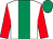 white, emerald green stripe, red sleeves, emerald green cap