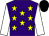 Purple body, yellow stars, white arms, black cap
