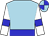 Soft blue body, blue belt, white arms, blue armlets, soft blue cap, blue quartered