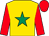 Gold, emerald green star, red sleeves and cap