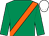 Emerald green, orange sash, white cap