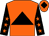 Orange body, black triangle, black arms, orange stars, orange cap, black diamond