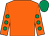 Orange, emerald green spots on sleeves, emerald green cap