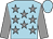 Light blue, grey stars, grey sleeves, light blue cap